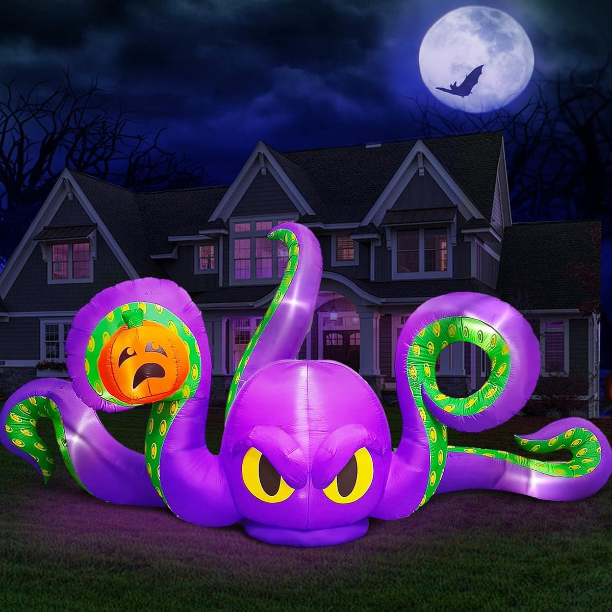 12Ft Halloween Inflatables Giant Octopus Purple Sticky Pumpkin LED Light Blow up Halloween Decor for Carnival