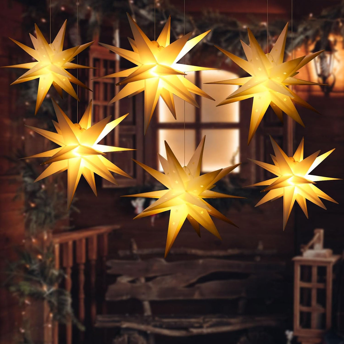 Baquler 6 Pcs 23 Inch Large White Moravian Star Shaped Light LED Christmas Light 3D Stars Lantern Hanging