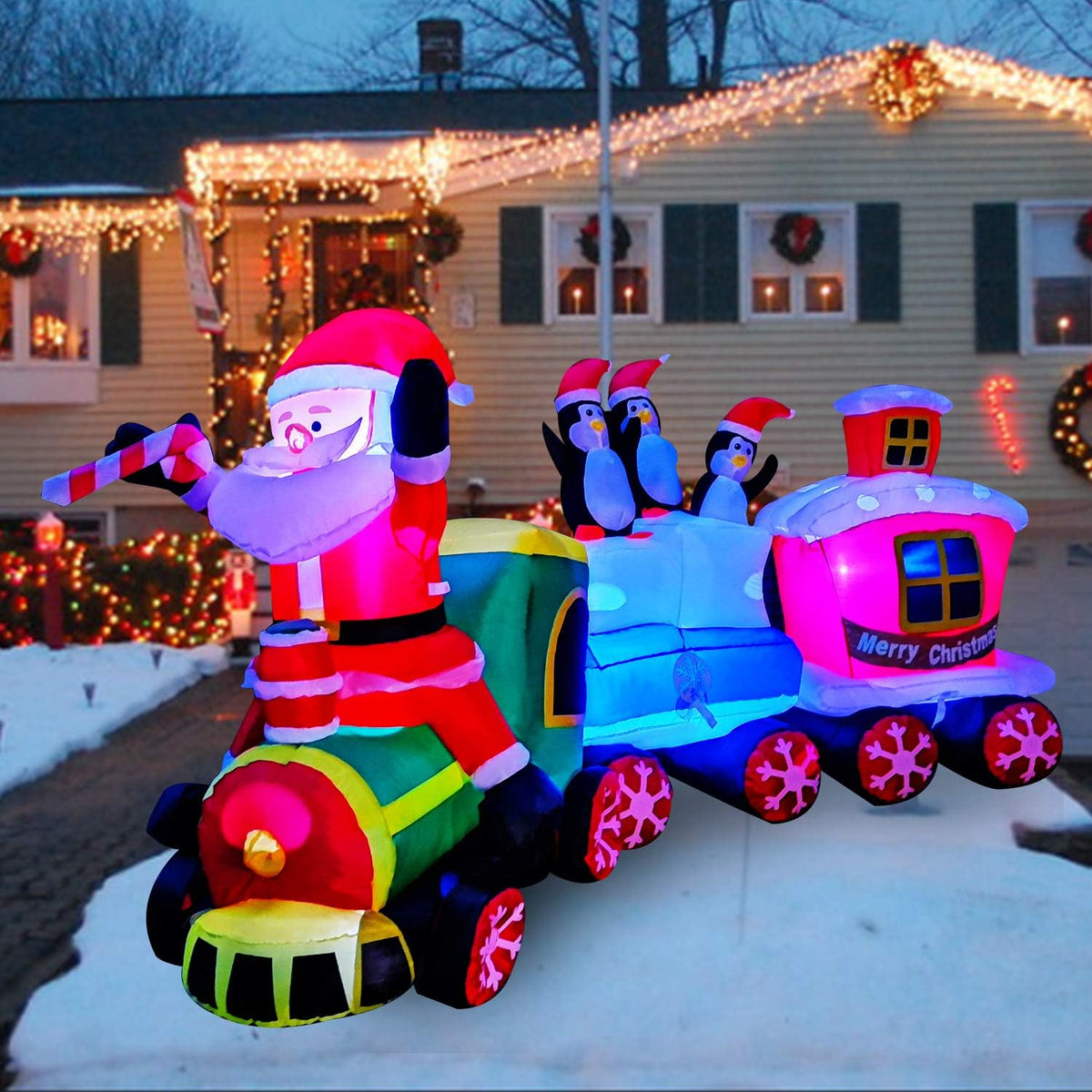 SEASONBLOW 8 Ft LED Lighted Inflatables Christmas Train with Santa Claus,Penguin Decorations Inflatable Yard