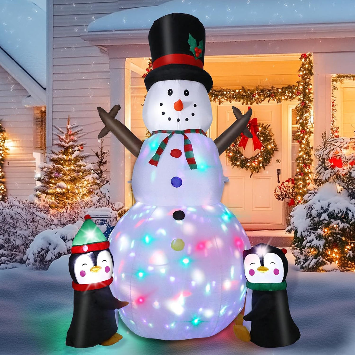 8FT Christmas Inflatable Snowman Outdoor Decorations, Christmas Blow up Snowman with Two Penguins Decoration,