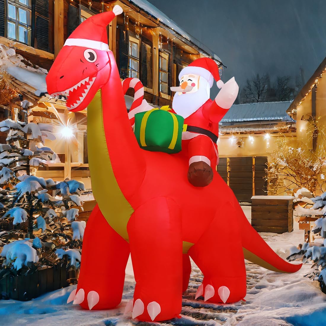 COMIN 8.5FT Christmas Inflatable Outdoor Decorations Santa Riding Dinosaur / Built-in LED lights, blow-up