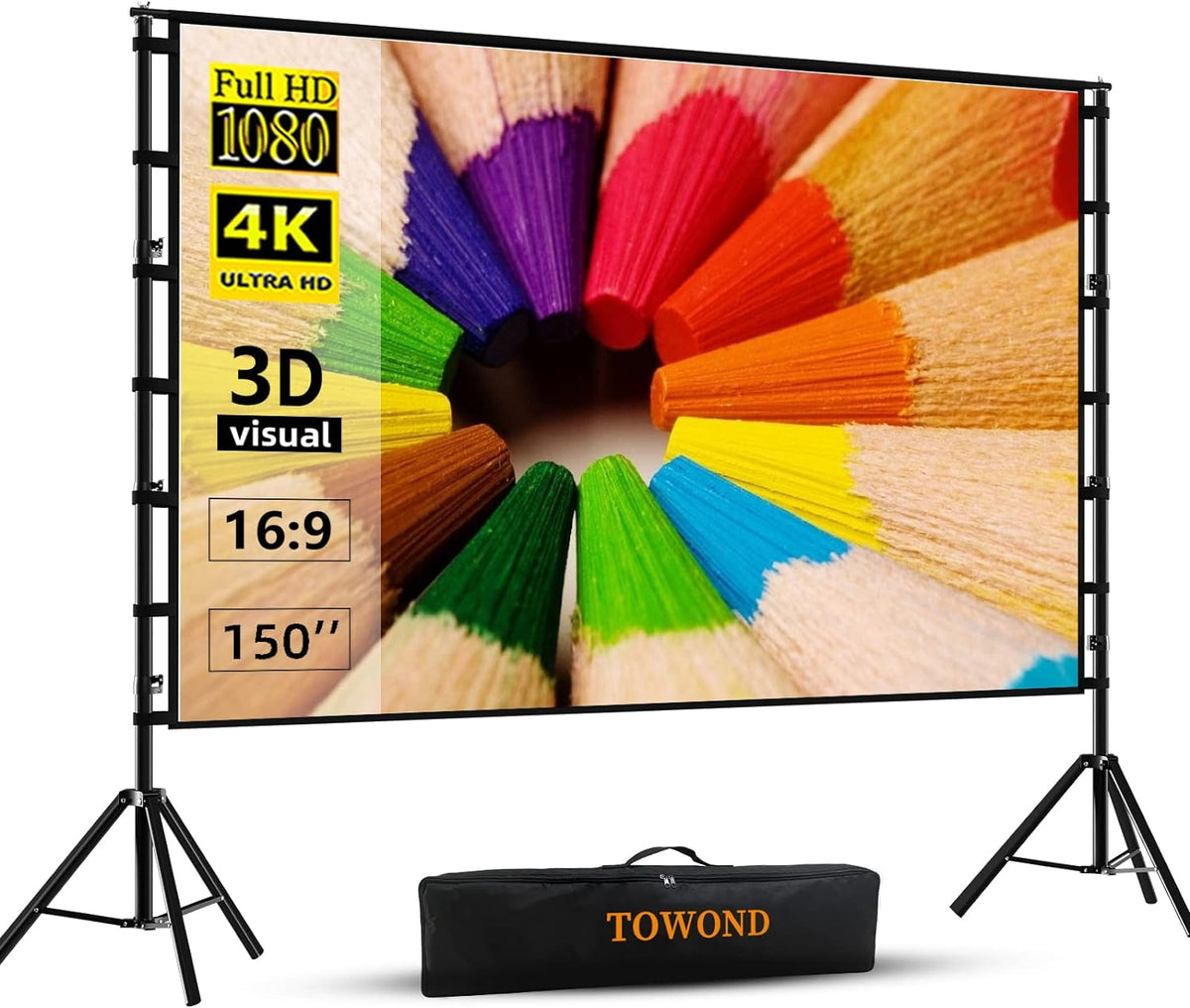 TOWOND Projector Screen and Stand, 150 inch Indoor Outdoor Projection Screen, Portable 16:9 4K HD Rear Fron