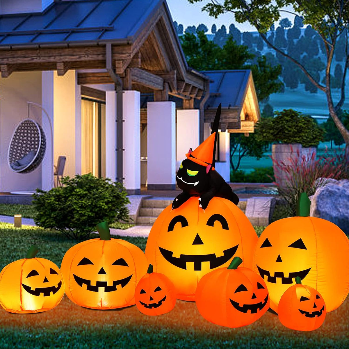 Tangkula 7.5 FT Halloween Inflatable Pumpkin Combo W/Witch Black Cat, Blow up Pumpkin Decoration W/Built-in