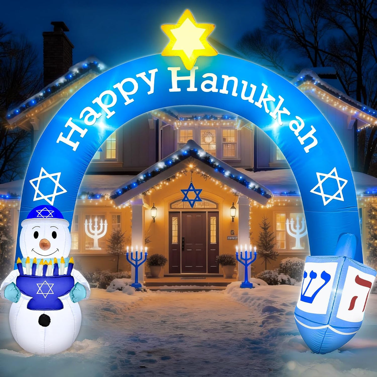 8 FT Hanukkah Inflatable Outdoor Decorations-Giant Chanukah Blow Up Inflatable Arch with Snowmen &