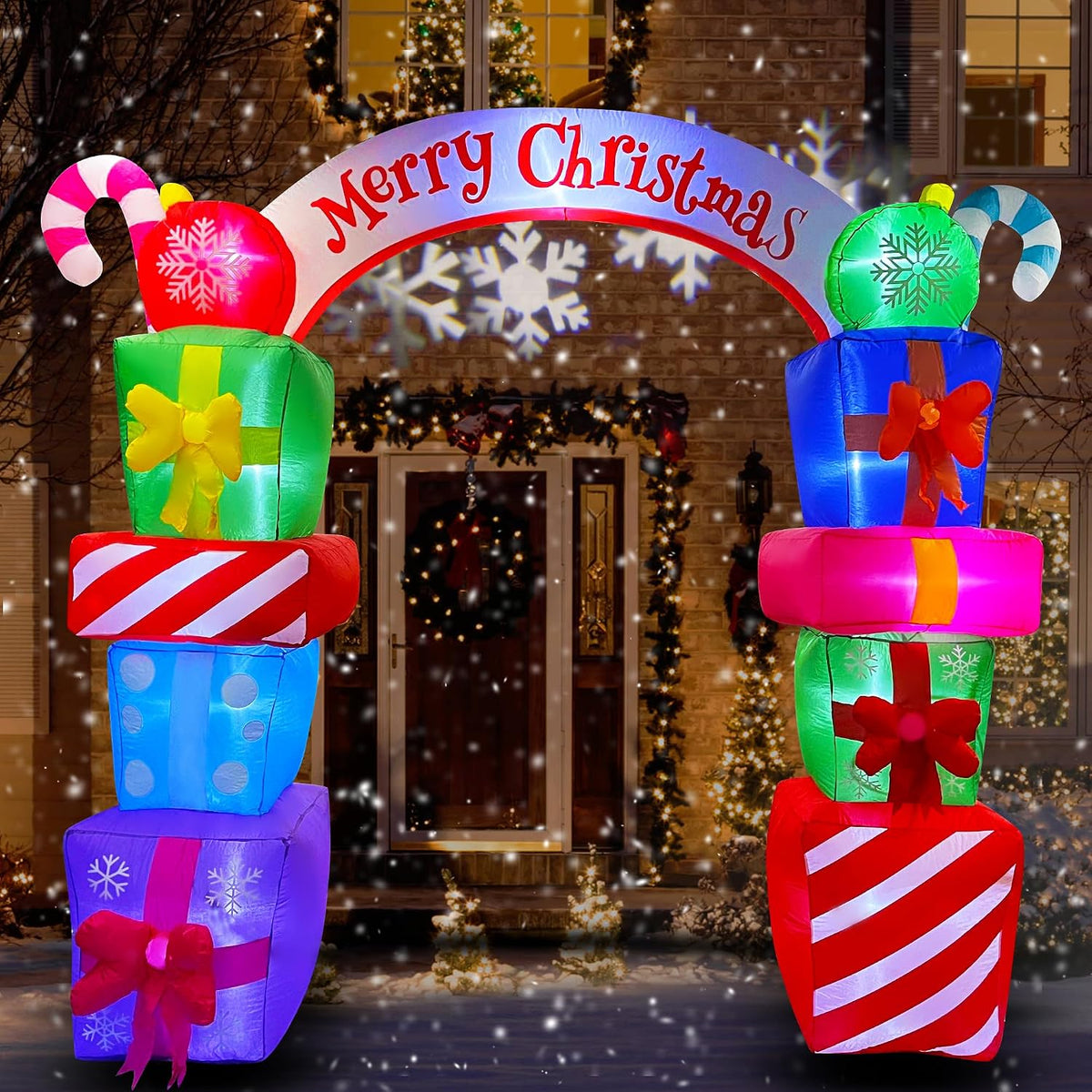 SEASONBLOW 8 FT Christmas Inflatable Gift Boxes Arch Archway with Candy Merry Christmas Decoration Blow Up