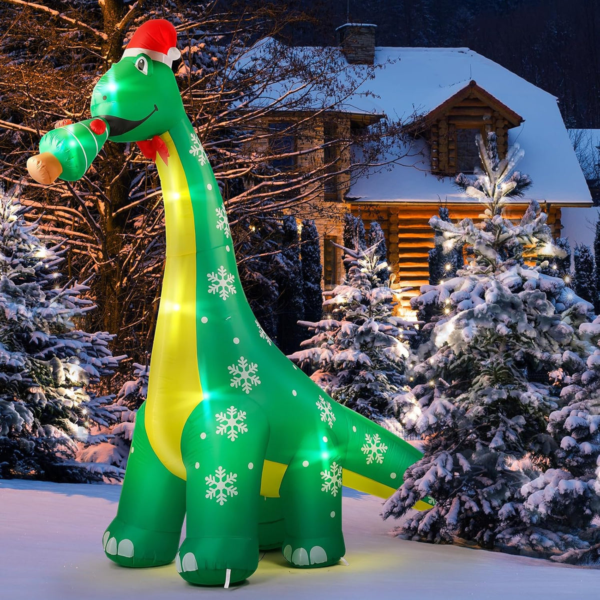 CACIRAL 10 FT Dinosaur Christmas Inflatable Outdoor Decoration, Lighted Dinosaur Christmas Blow Up with