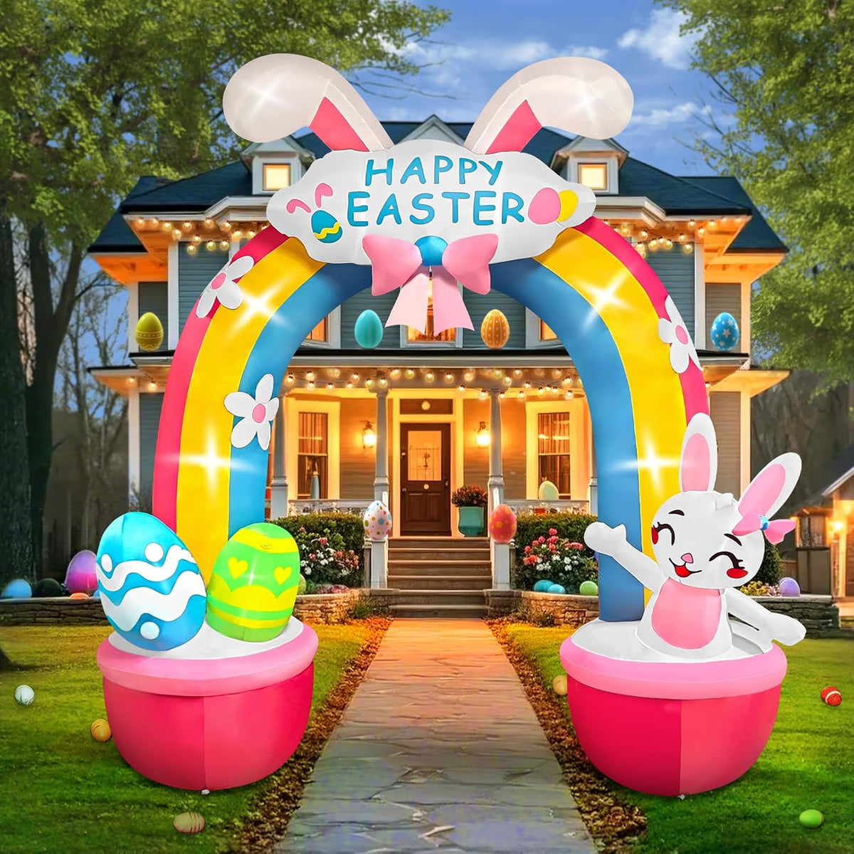 Kalolary 12 FT Easter Archway Inflatables Outdoor Decorations, Giant Bunny Rainbow Arch Inflatable with Bui
