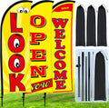 Buryeah 3 Sets Now Open Look Welcome Feather Flag Banners Advertising Sign for Business 7 Feet Tall Open Sw