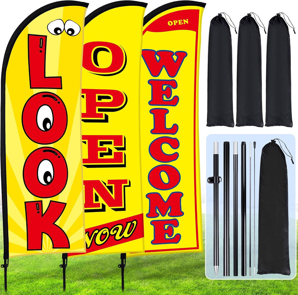 Buryeah 3 Sets Now Open Look Welcome Feather Flag Banners Advertising Sign for Business 7 Feet Tall Open Sw
