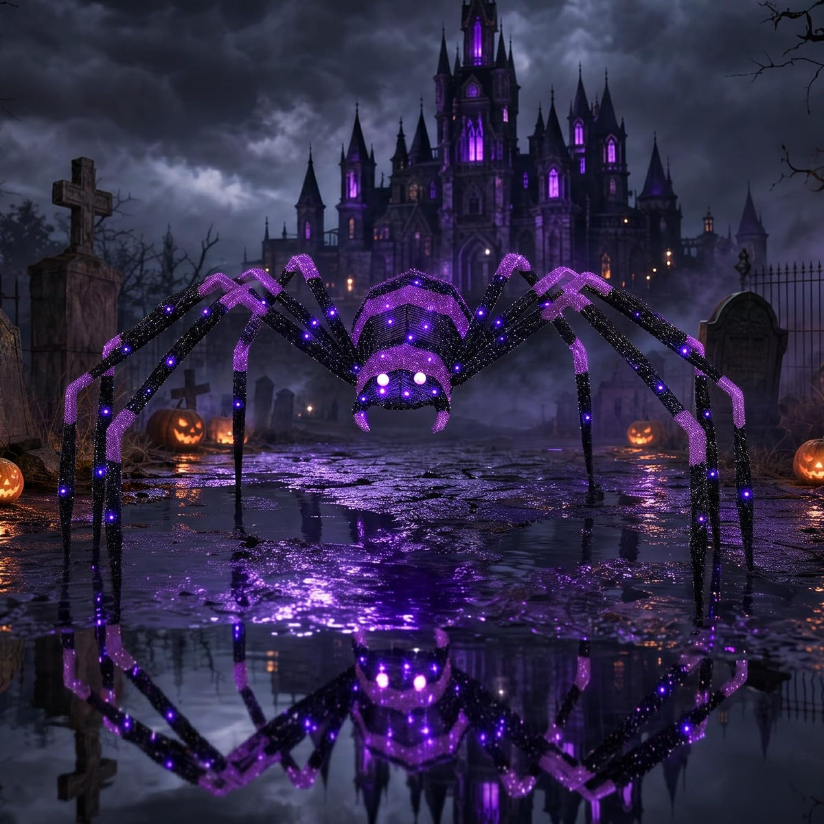 Domvaranique 6.8 FT Giant Halloween Spider, 128 Purple LEDs, Outdoor Decor / Steady-Glow Body and Eyes,