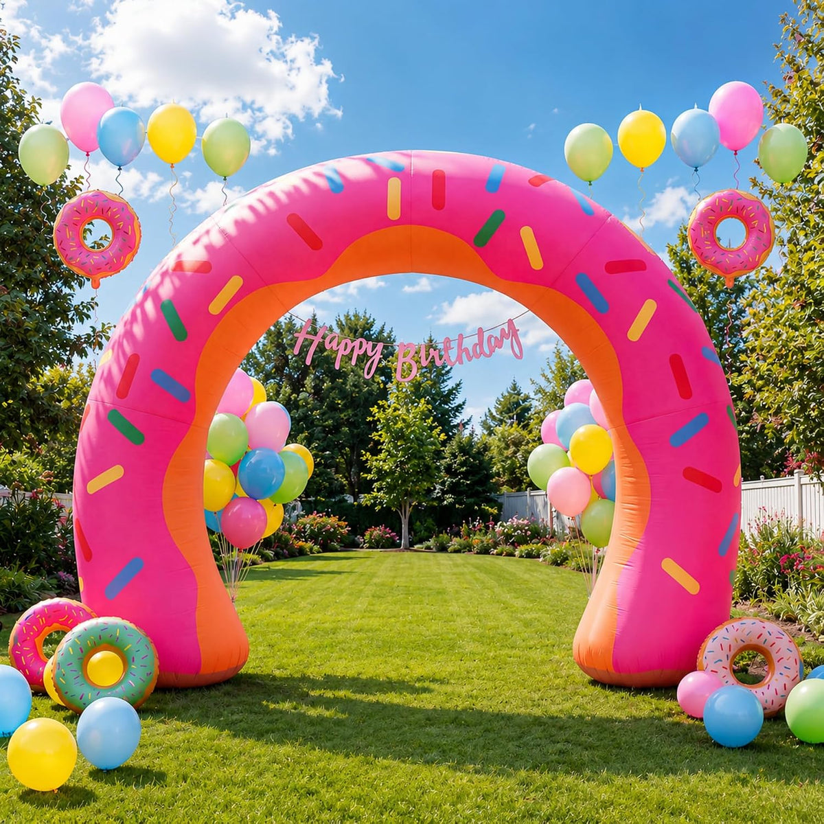 Jenaai 8ft Giant Donut Inflatable Arch Blow up Outdoor Yard Decorations / Built in LED Lights for Night Glow,