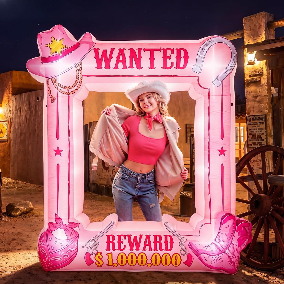 Soulchen 6x5 Ft Pink Western Inflatable Decoration with LED Lights / Cowgirl Party Decor, Wanted Poster