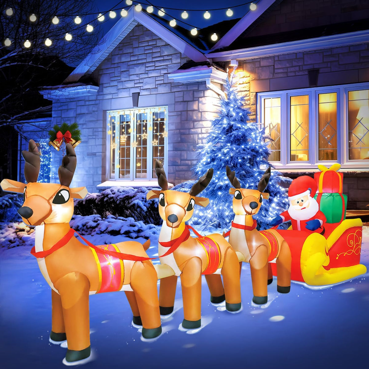 DomKom 12 FT Christmas Inflatable Outdoor Santa Claus on Sleigh with Three Reindeer, Building LED Lights,