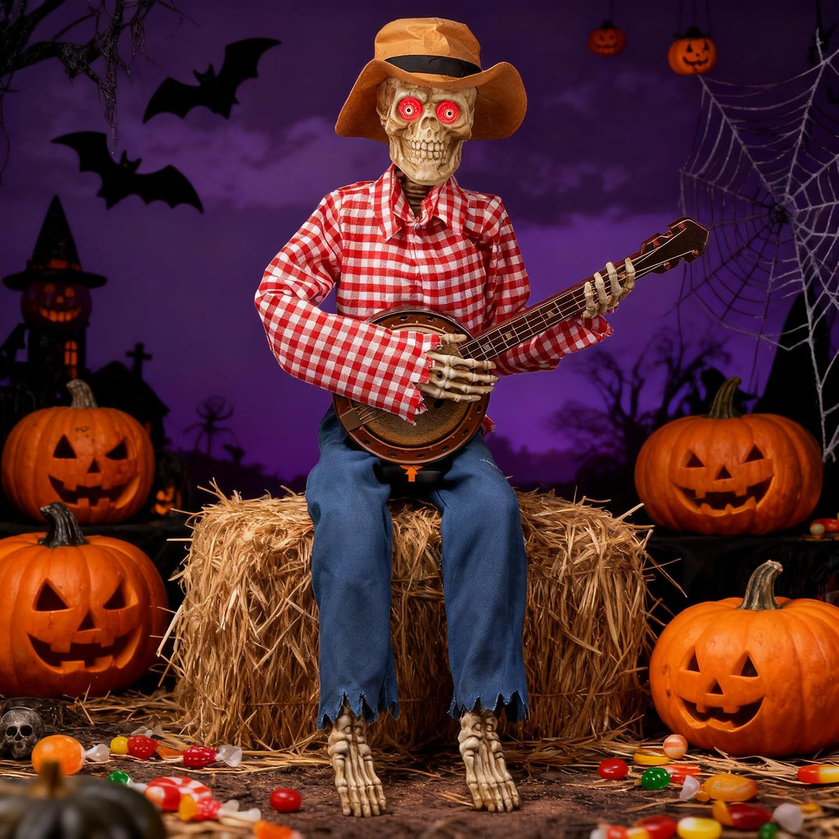 39" Halloween Animatronic Banjo-Playing Skeleton - Animated Scarecrow Cowboy Decorations, Playing Musical