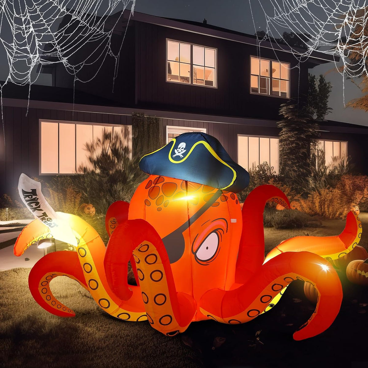 Hiboom 7.2 ft Halloween Inflatables Giant Octopus Pirate Lighted Decor / Built-in LED Blow up, Pirate Hat