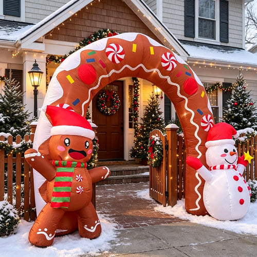 10.5FT Christmas Inflatable Archway, Blow Up Arch with Waving Cute Gingerbread Man with Santa Hat & Scarf and
