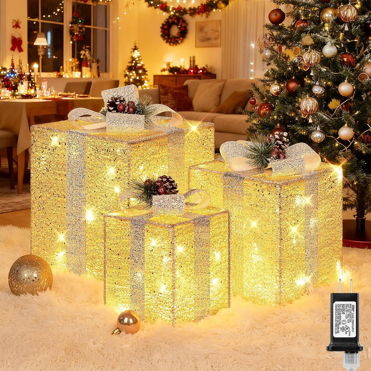 Brightever 12" 10" 8" Set of 3 Lighted Boxes - Larger Pre-lit Present Boxes with 70 LED Warm White String